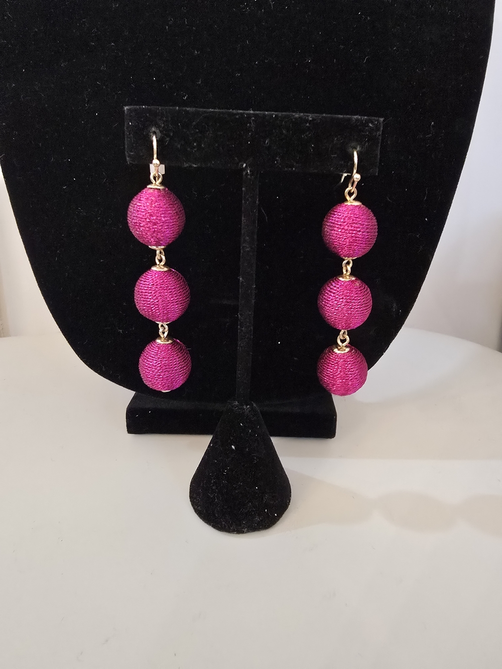 Fuchsia Thread Triple Drop Earrings - Picture 1 of 2